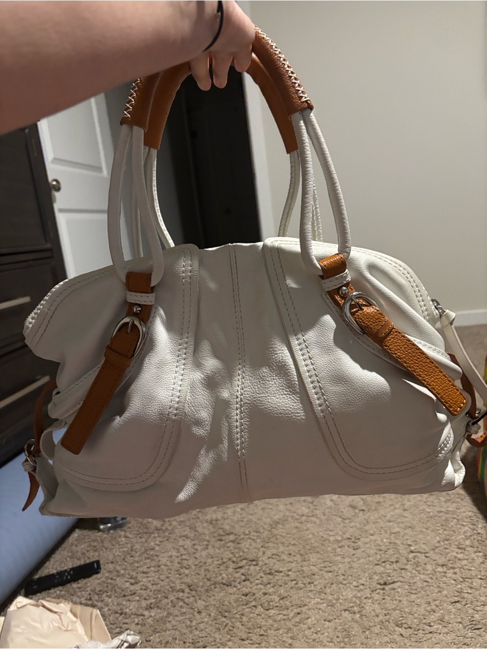 Sondra Roberts White with Tan trim Leather Satchel Handbag. - Picture 12 of 14